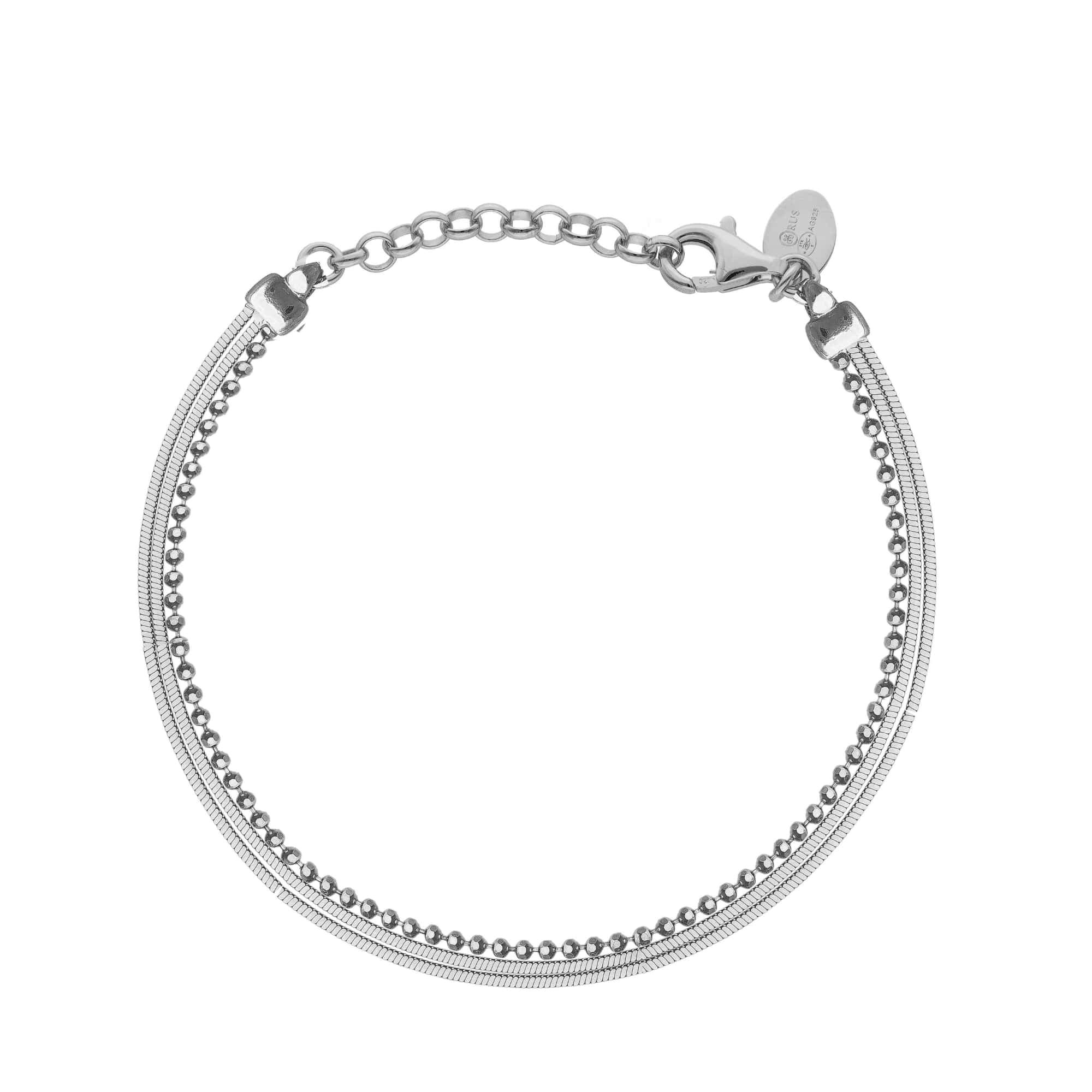 Bracelet argent rhodié triples mailles serpentine et maille ronde diamantée
