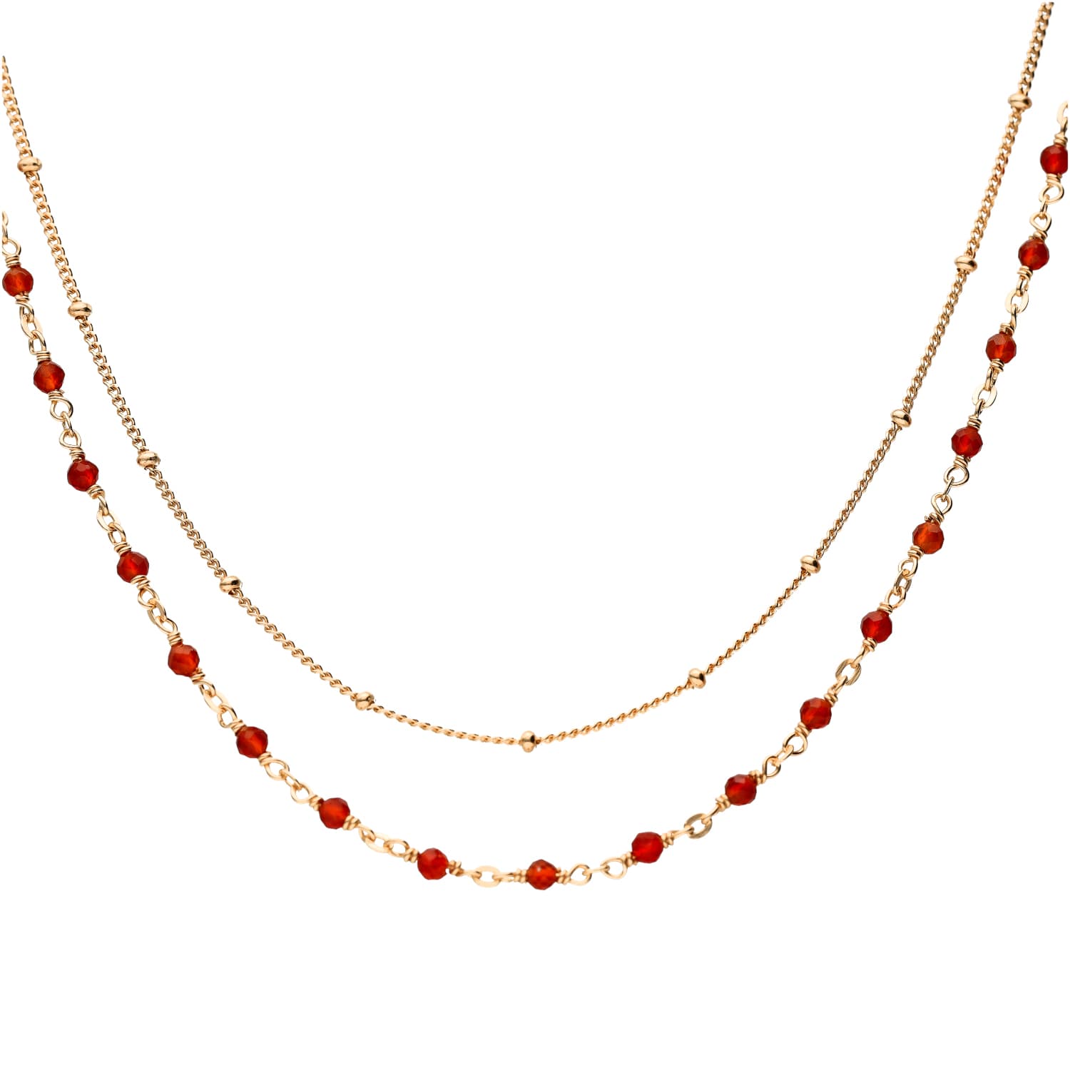 Collier argent doré double chaine et pierres naturelles rouge