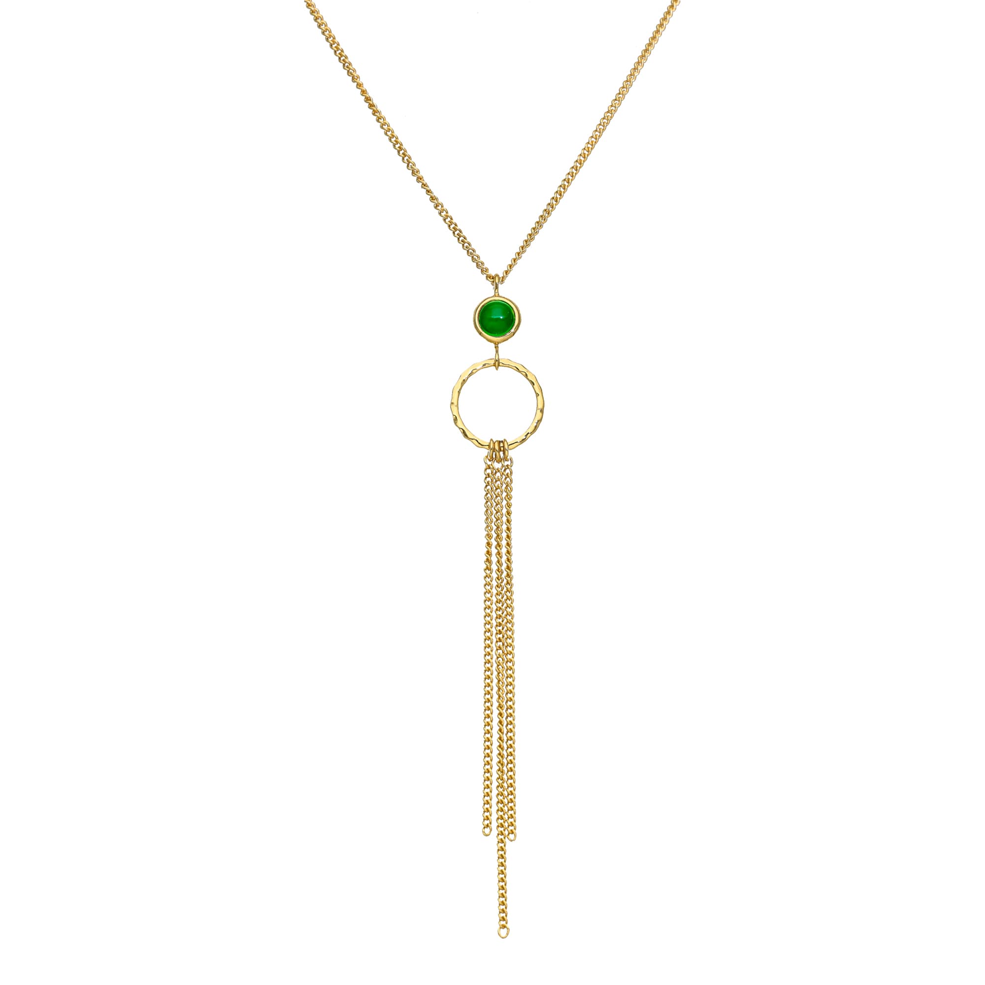 Collier argent dorée chaines pendantes et pierre onyx vert