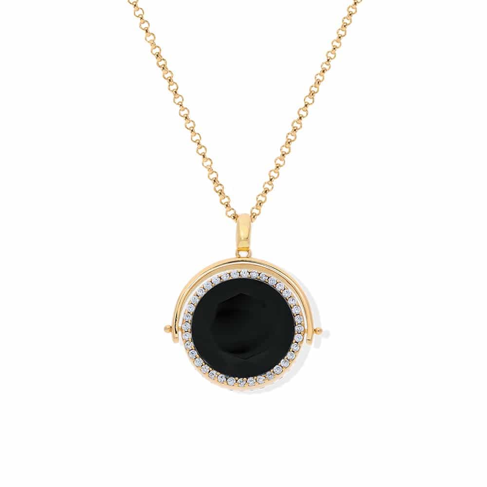 Collier médaillon double face doré cristal noir