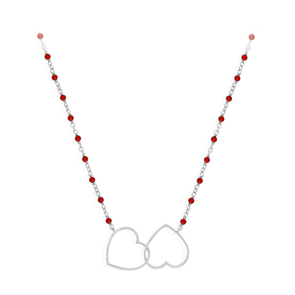 Collier argent rhodié double cœur et pierre rouge
