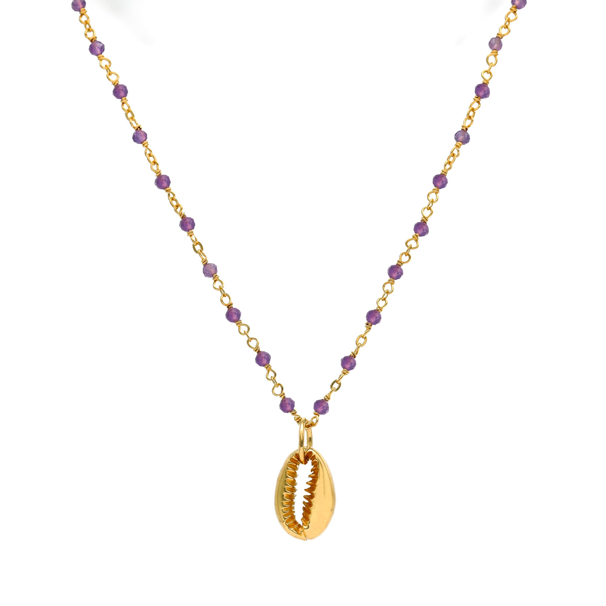 Collier chaine en argent doré avec pierres naturelles d'amethyste et coquillage