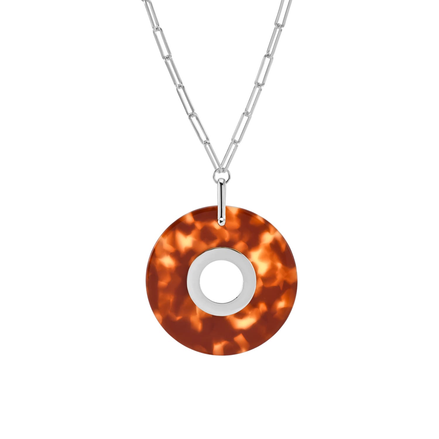 Collier en argent rhodié et pendentif rond en acétate marron