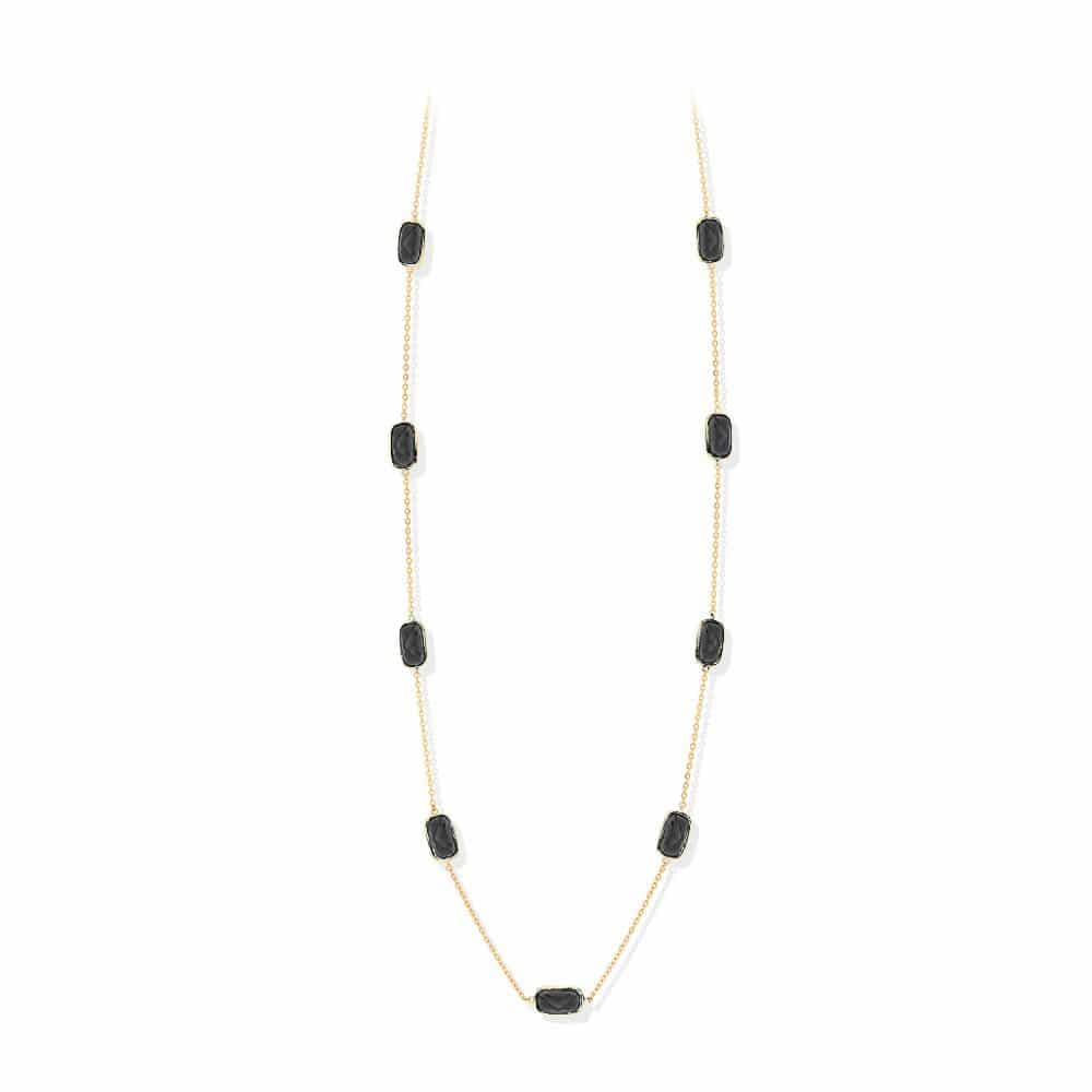 Collier sautoir argent doré galet cristal noir