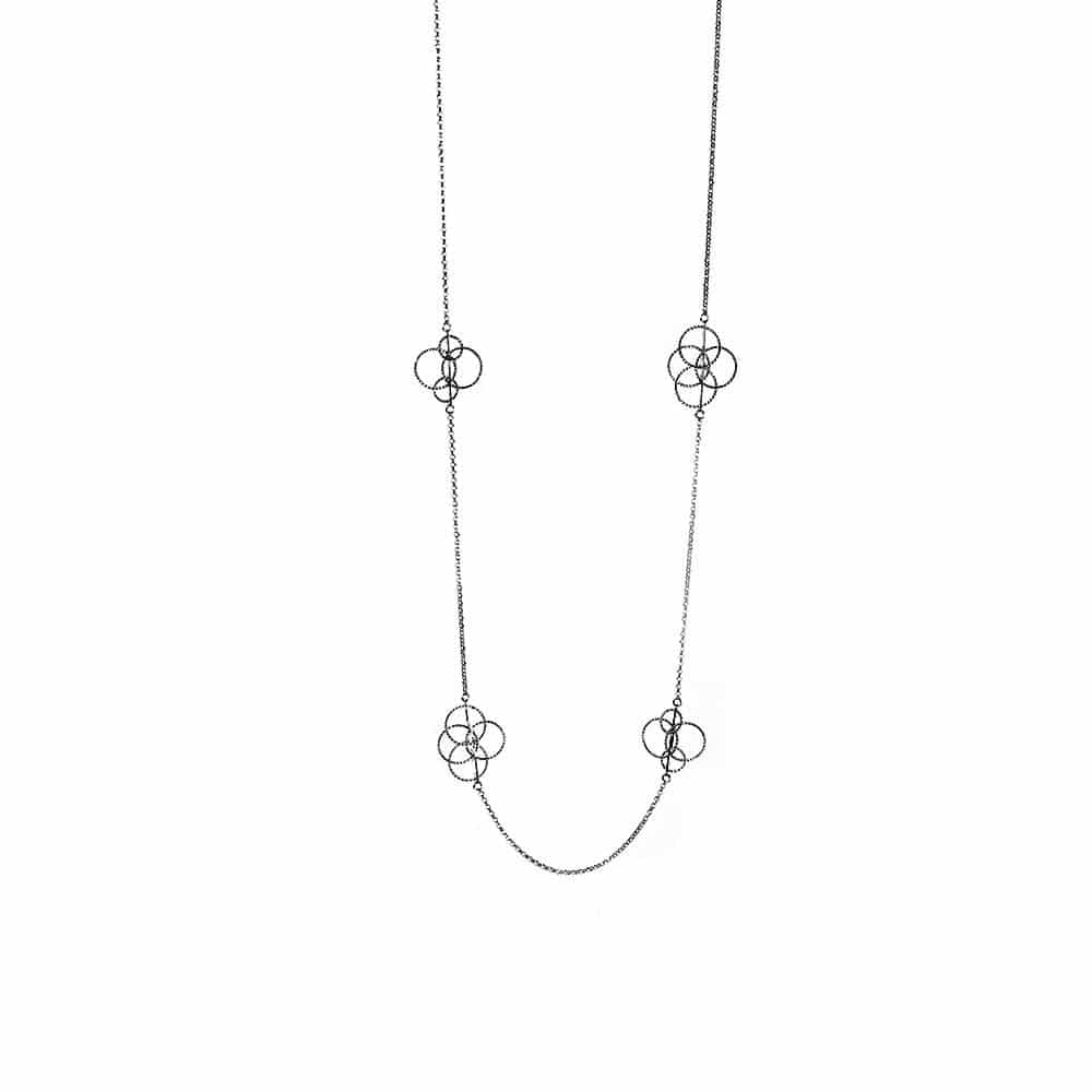 Collier sautoir argent noir diamanté quatre cercles
