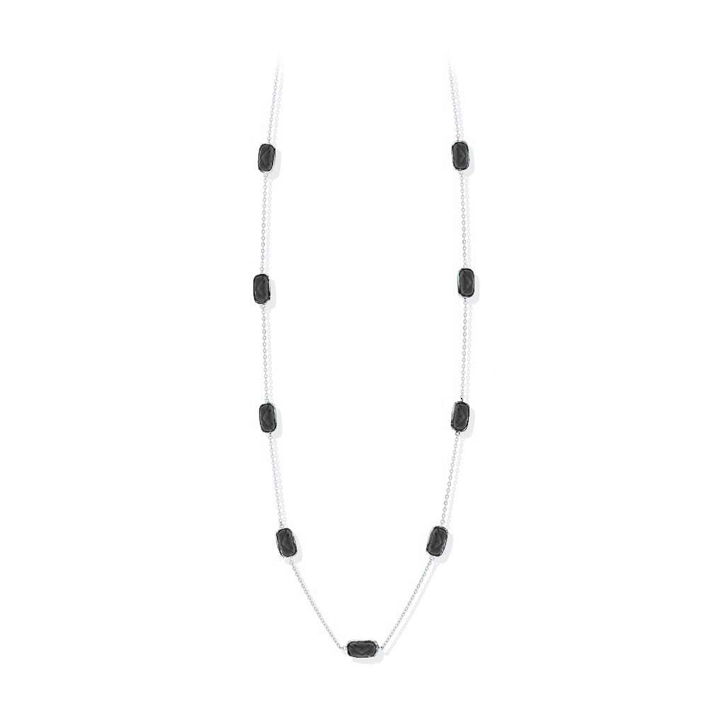 Collier sautoir argent rhodié galet cristal noir