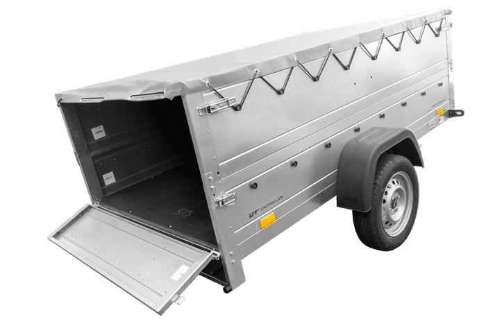 Grande remorque 230x125 avec bâche plate grise, rehausses de ridelles et roue jockey – garden trailer 230 kipp