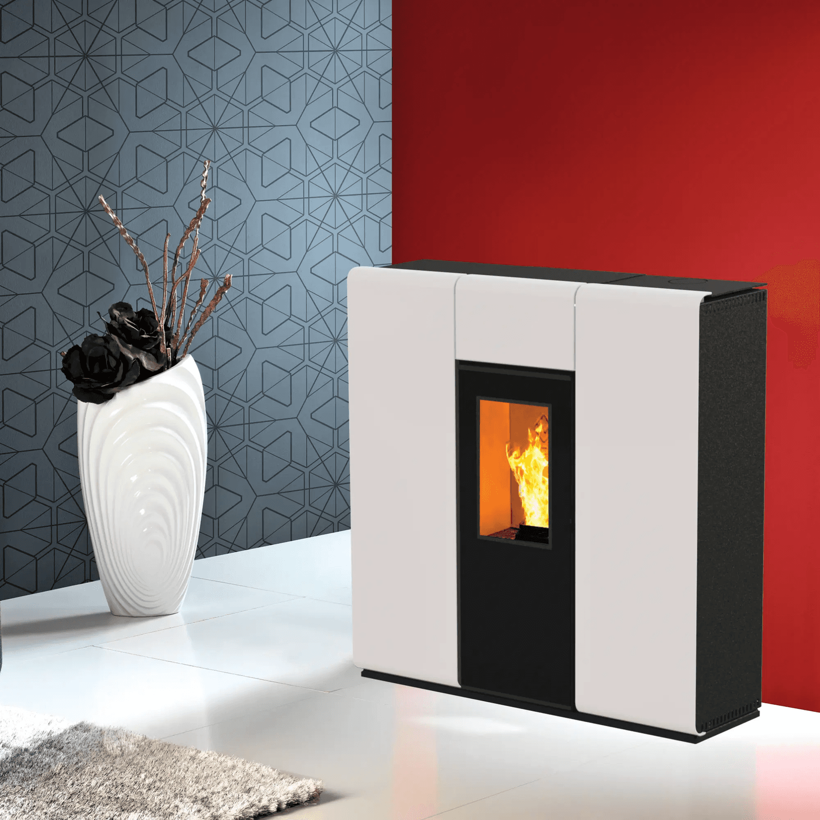 Salamandra a pellets TEK Biomasse hidro SLIM AQUA 20kW A+ branca
