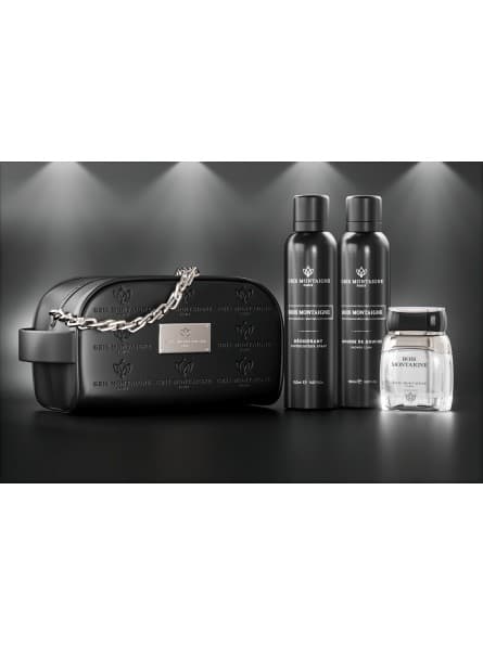 Trousse BOIS MONTAIGNE – Gris Montaigne Paris, Élégante et Fonctionnelle, Parfum 80ml, Déodorant 150ml, Mousse Douche 150ml
