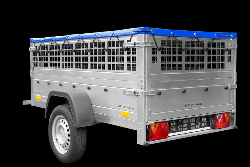 Remorque grillagée 200×106 avec bâche plate bleue, ridelles grillagées et roue jockey – Garden Trailer 200 KIPP