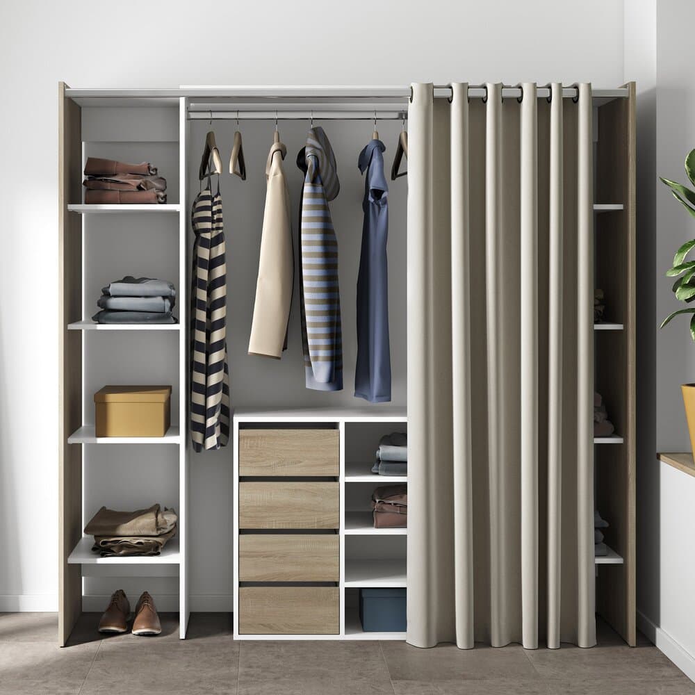 Dressing 2 colonnes + meuble 4 tiroirs chêne blanc, rideau écru