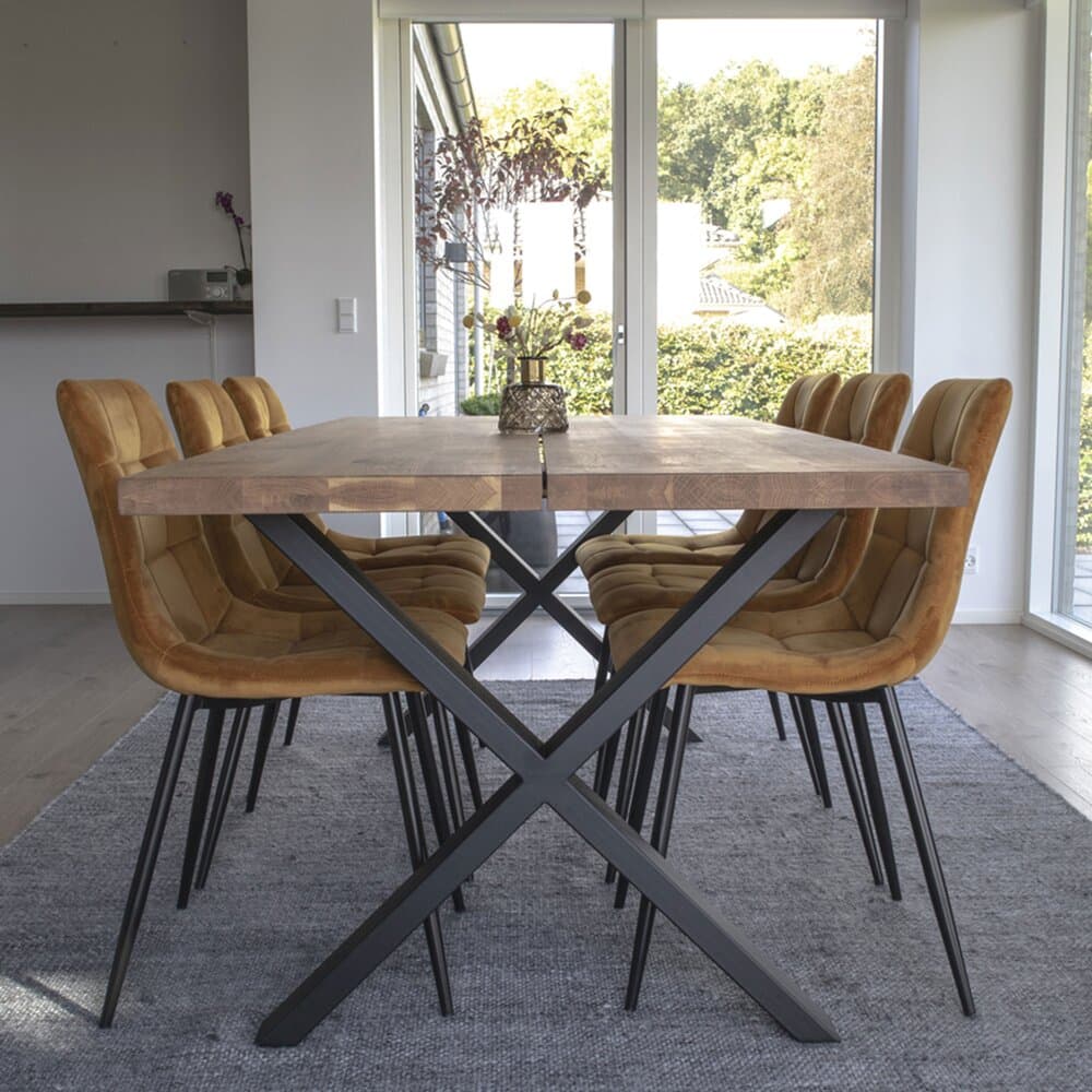 Ensemble table repas 200 cm naturel et 6 chaises moutarde - GELLER