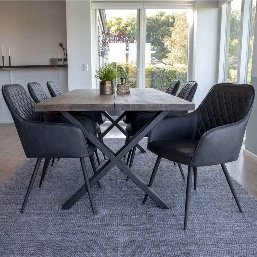 Ensemble table repas 200 cm marron et 6 fauteuils en PU gris - NYLA