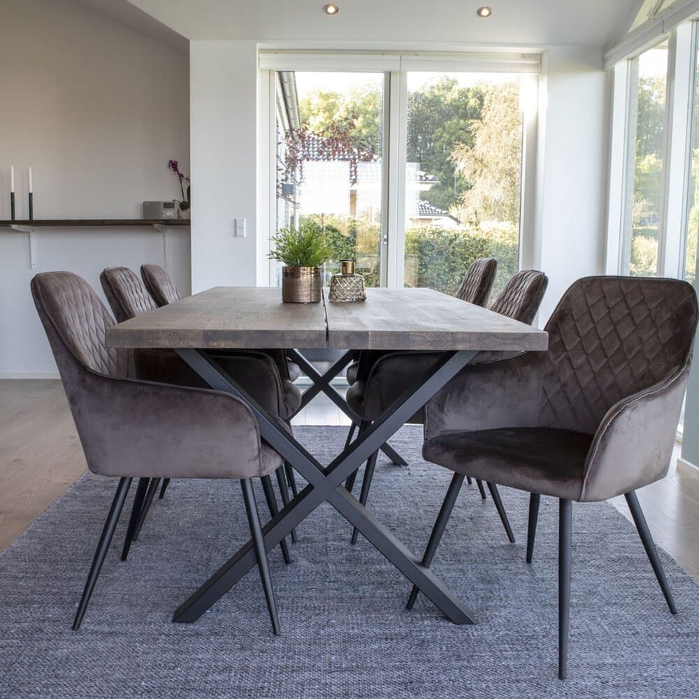 Ensemble table repas 200 cm marron et 6 fauteuils velours taupe - NYLA