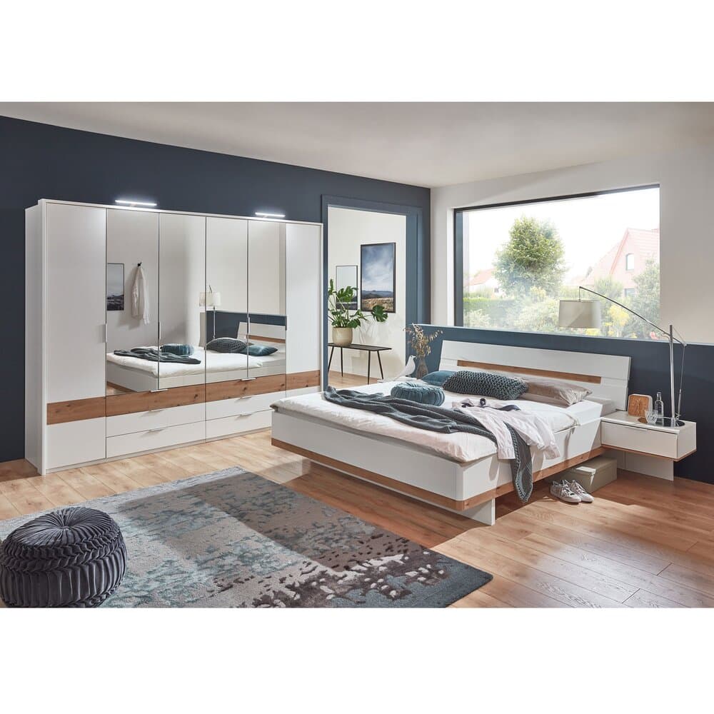 Ensemble lit avec chevets intégrés, armoire et commode blanc - KANSAS