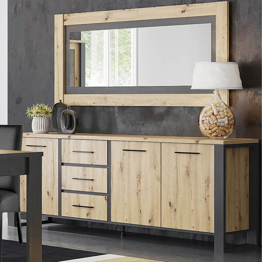 Ensemble buffet, vitrine, table, 4 chaises beige et miroir - ZADAR