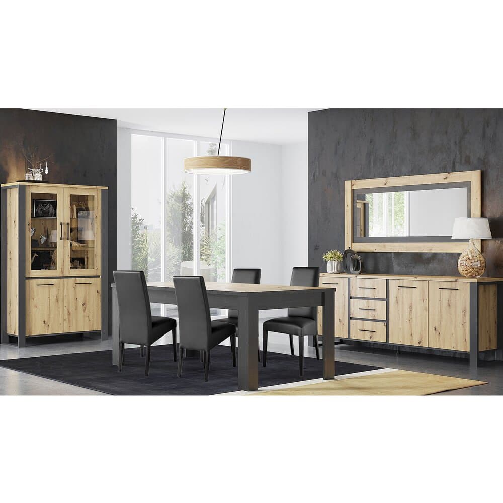 Ensemble buffet, vitrine, table, 4 chaises noires et miroir - ZADAR