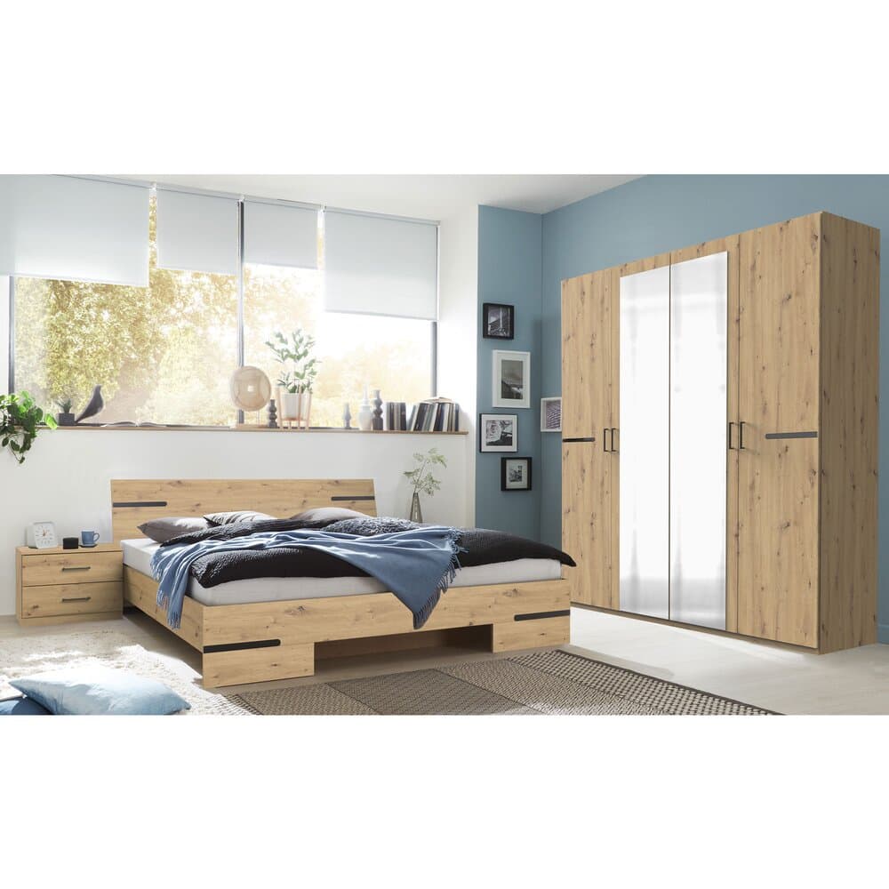 Ensemble lit 140 cm, chevets et armoire 4 portes chêne clair - KARIN2