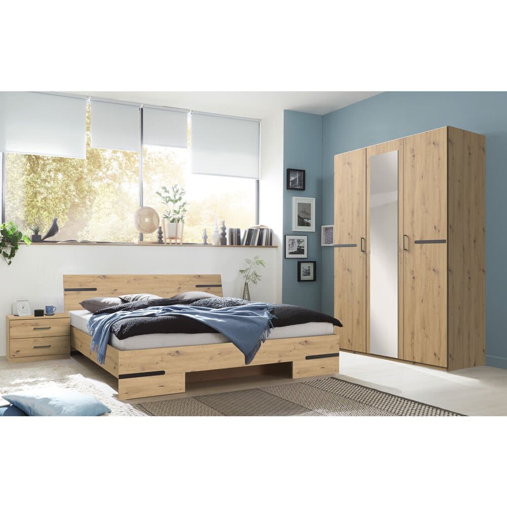 Ensemble lit 160 cm, chevets et armoire 3 portes chêne clair - KARIN2
