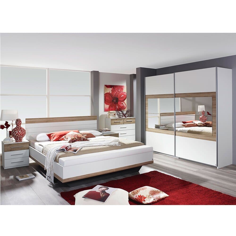 Ensemble lit 160x200 cm avec armoire blanc et naturel - BATEY