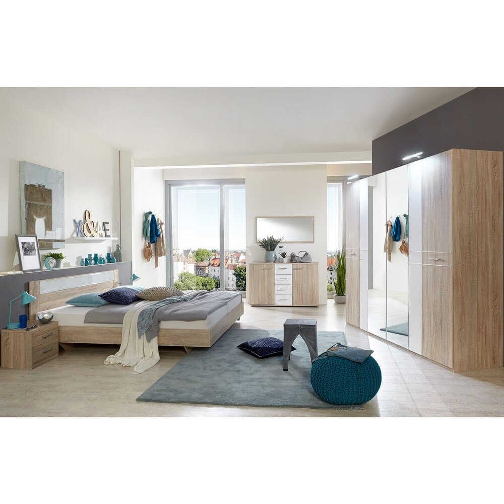 Ensemble lit 180x200 cm 2 chevets, armoire 2 portes chêne - NOELLA