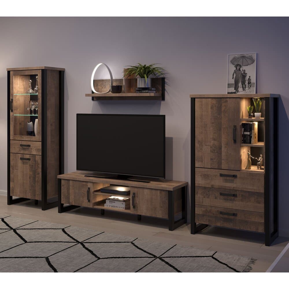 Ensemble salon 3 meubles et étagère décor chêne - PLEX