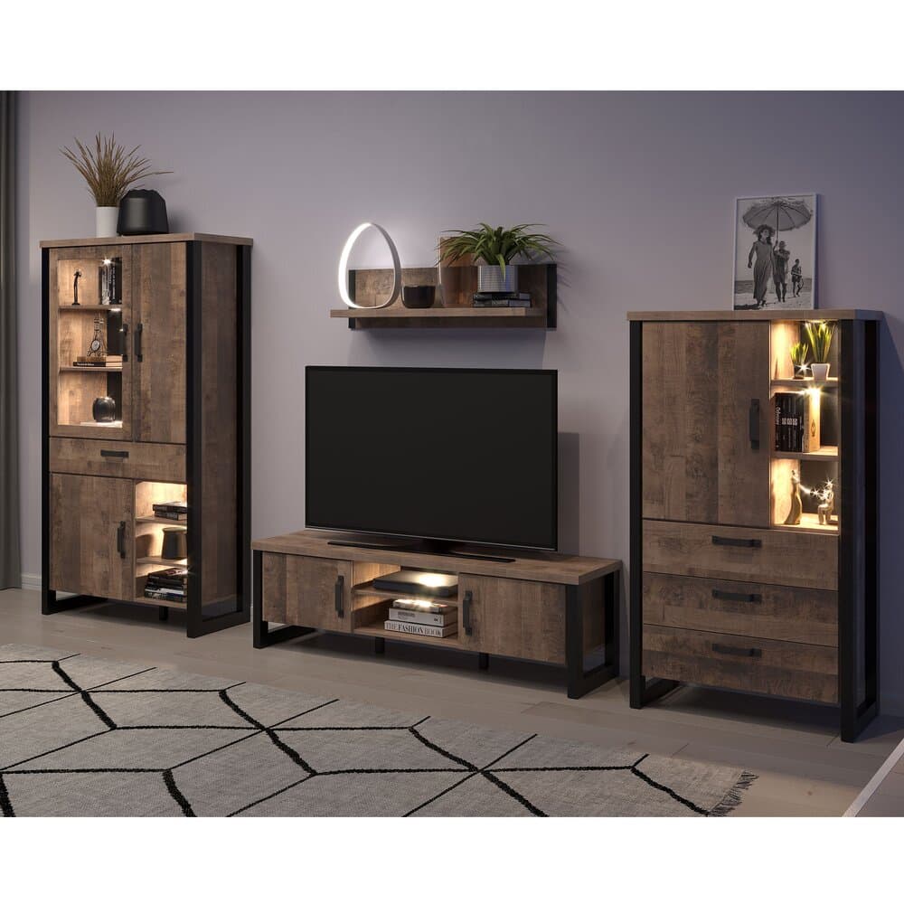 Ensemble salon avec 3 meubles et étagère décor chêne - PLEX