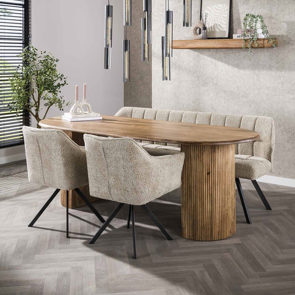 Table 215 cm en manguier + 2 fauteuils + banc en tissu bouclette sable