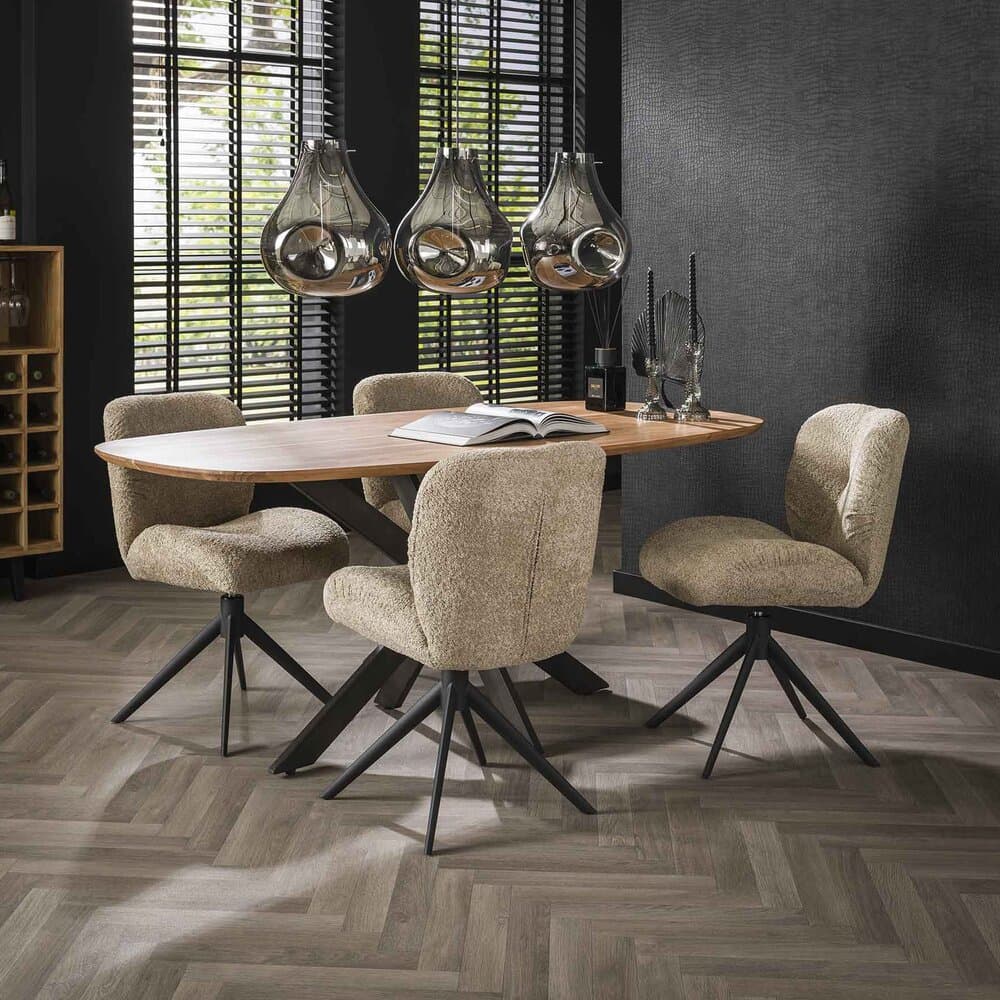 Ensemble table 180 cm en acacia + 4 chaises en tissu bouclette sable