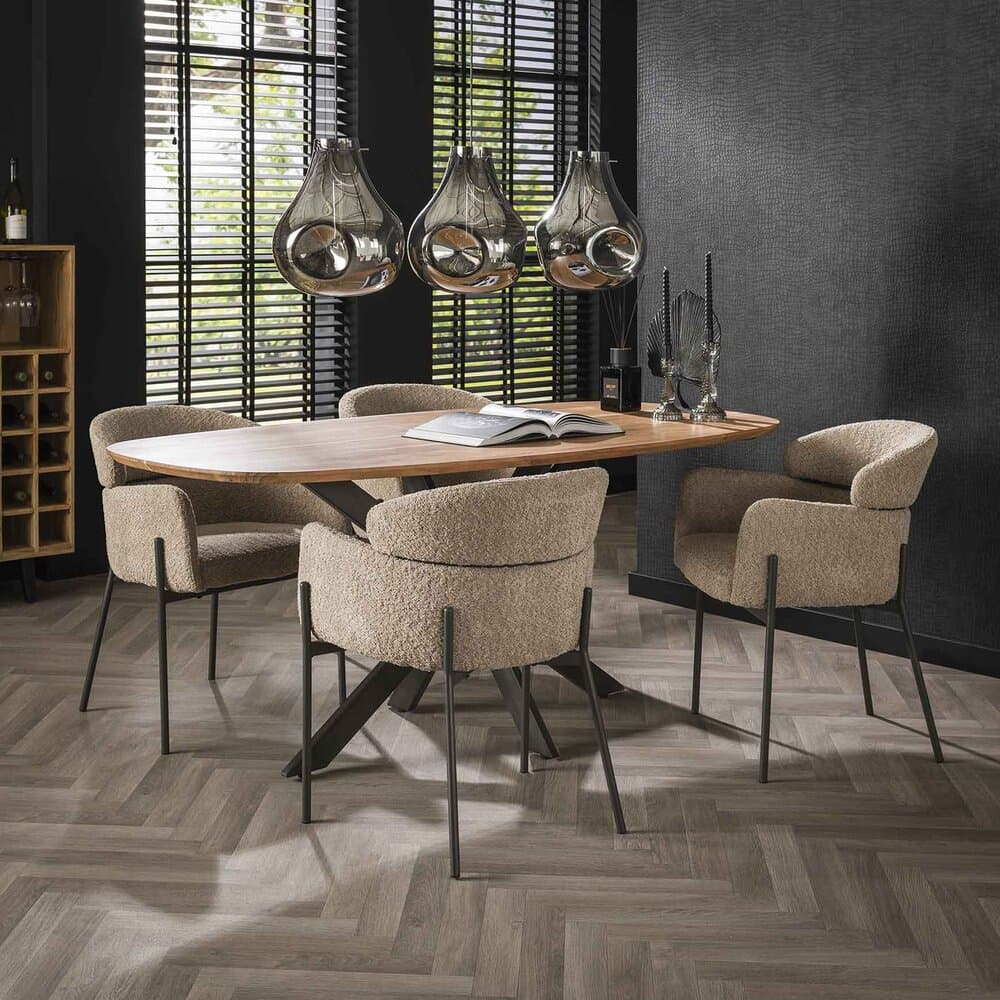 Ensemble table 180 cm en acacia + 4 fauteuils en tissu bouclette sable