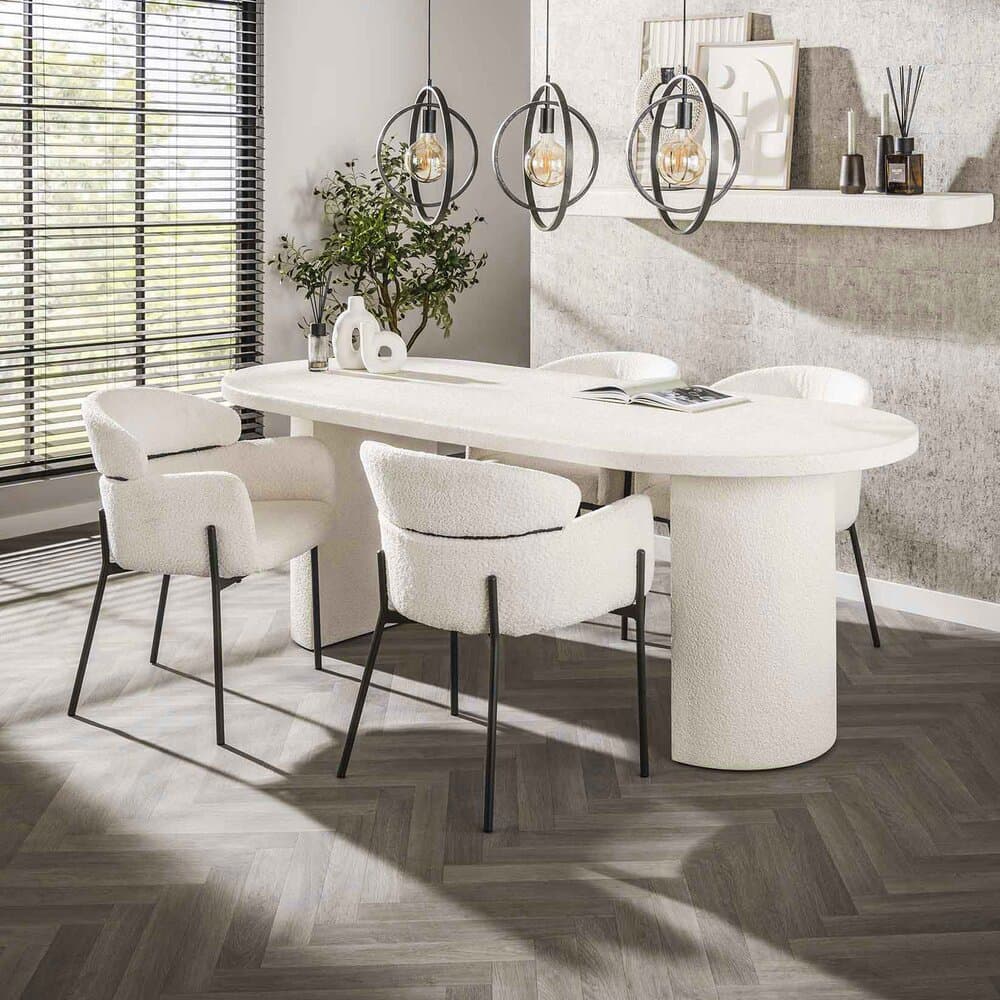 Table 215 cm en marbre composite + 4 fauteuils en bouclette blanc