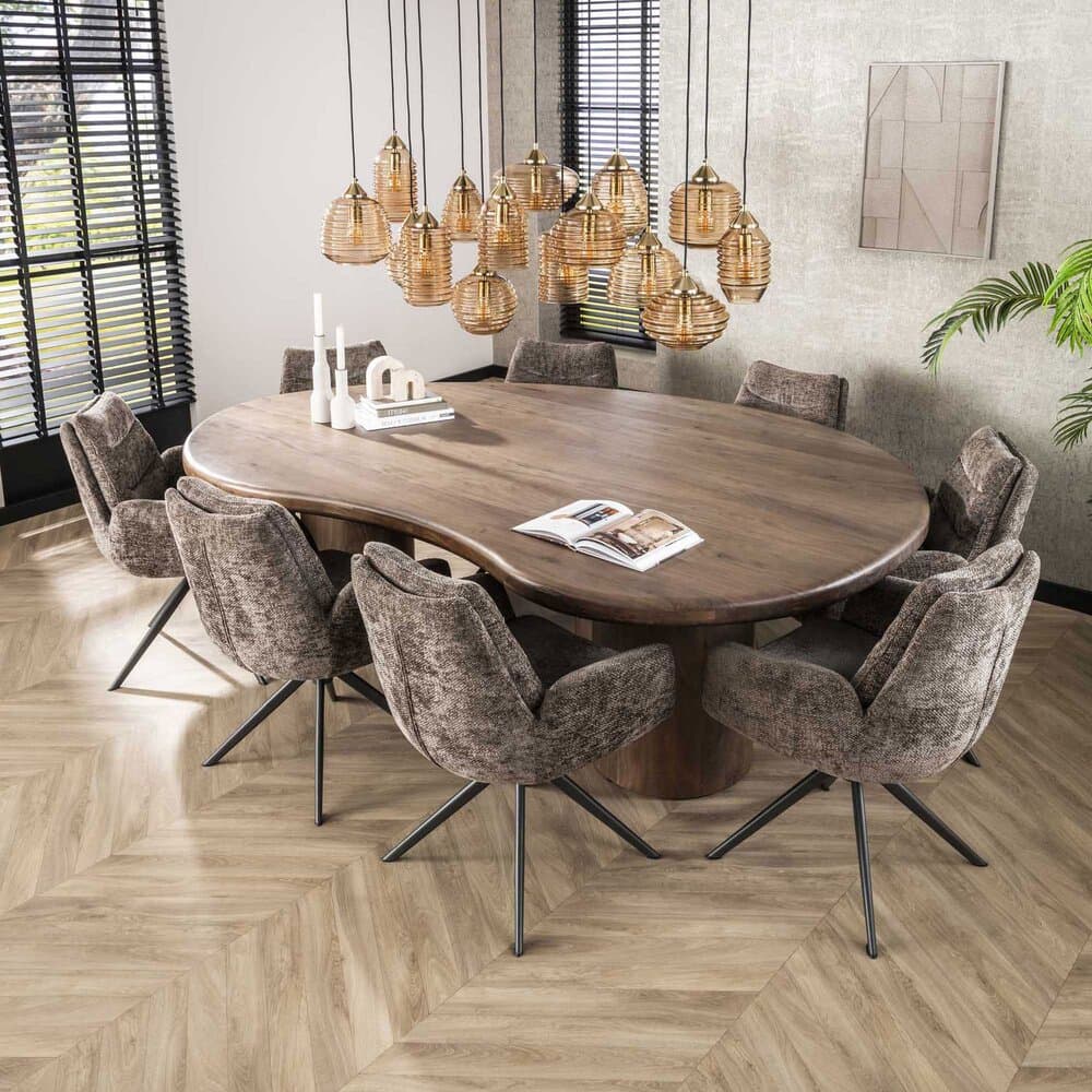 Table 244x165 cm en acacia brun + 8 fauteuils en tissu texturé taupe