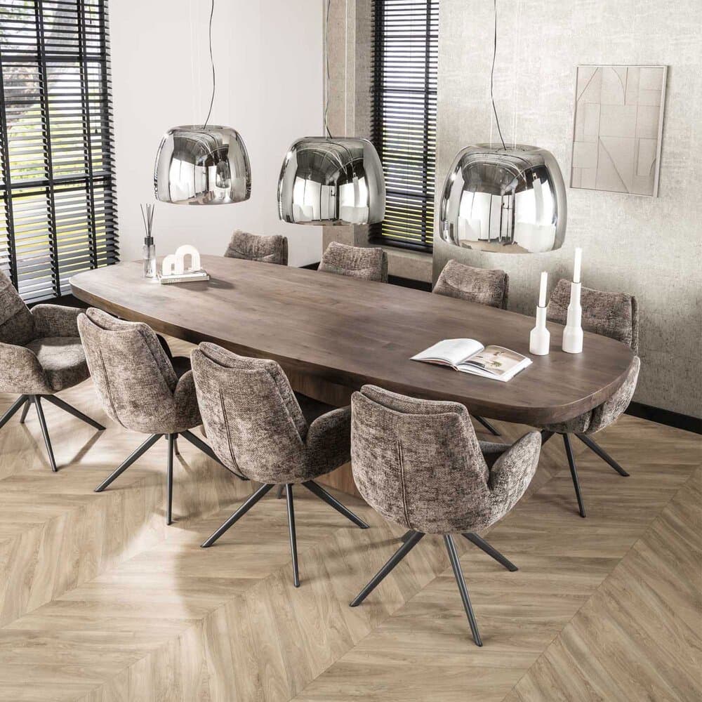 Table 300x120 cm en acacia brun + 8 fauteuils en tissu texturé taupe