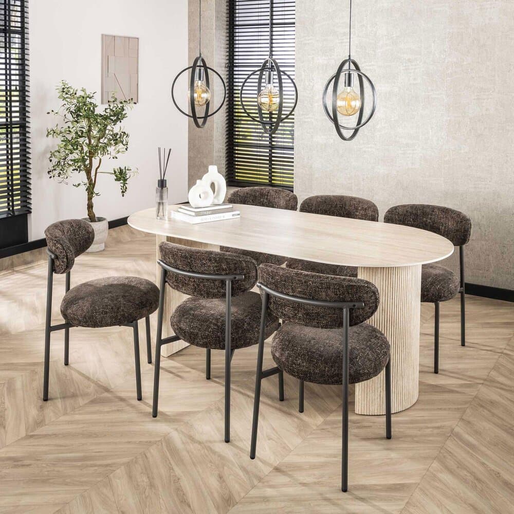 Table 180 cm en céramique beige + 6 chaises en tissu texturé marron