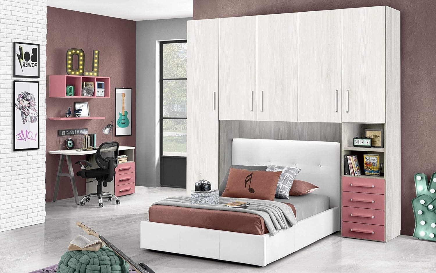 Chambre à pont avec lit blanc une place et demie - composée d'une porte longue, 4 portes moyennes, petit compartiment à jour et commode. 243 x 55 x 24