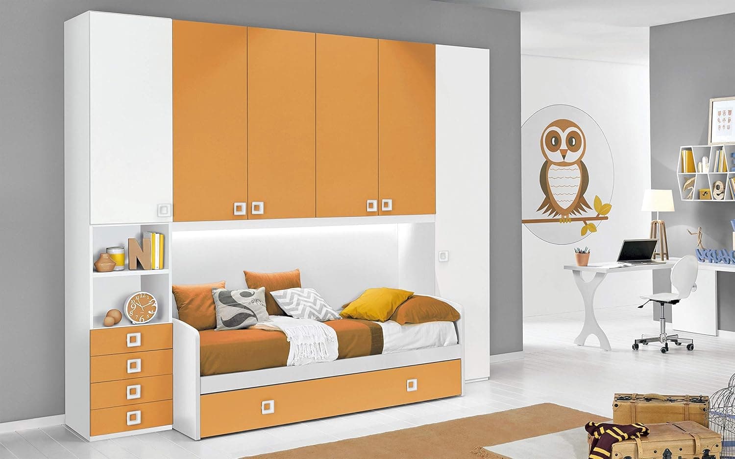 Chambre complète à Pont - Blanc, Mandarine (Double lit Simple et Armoire) (cm. 300 x 96 x 259h