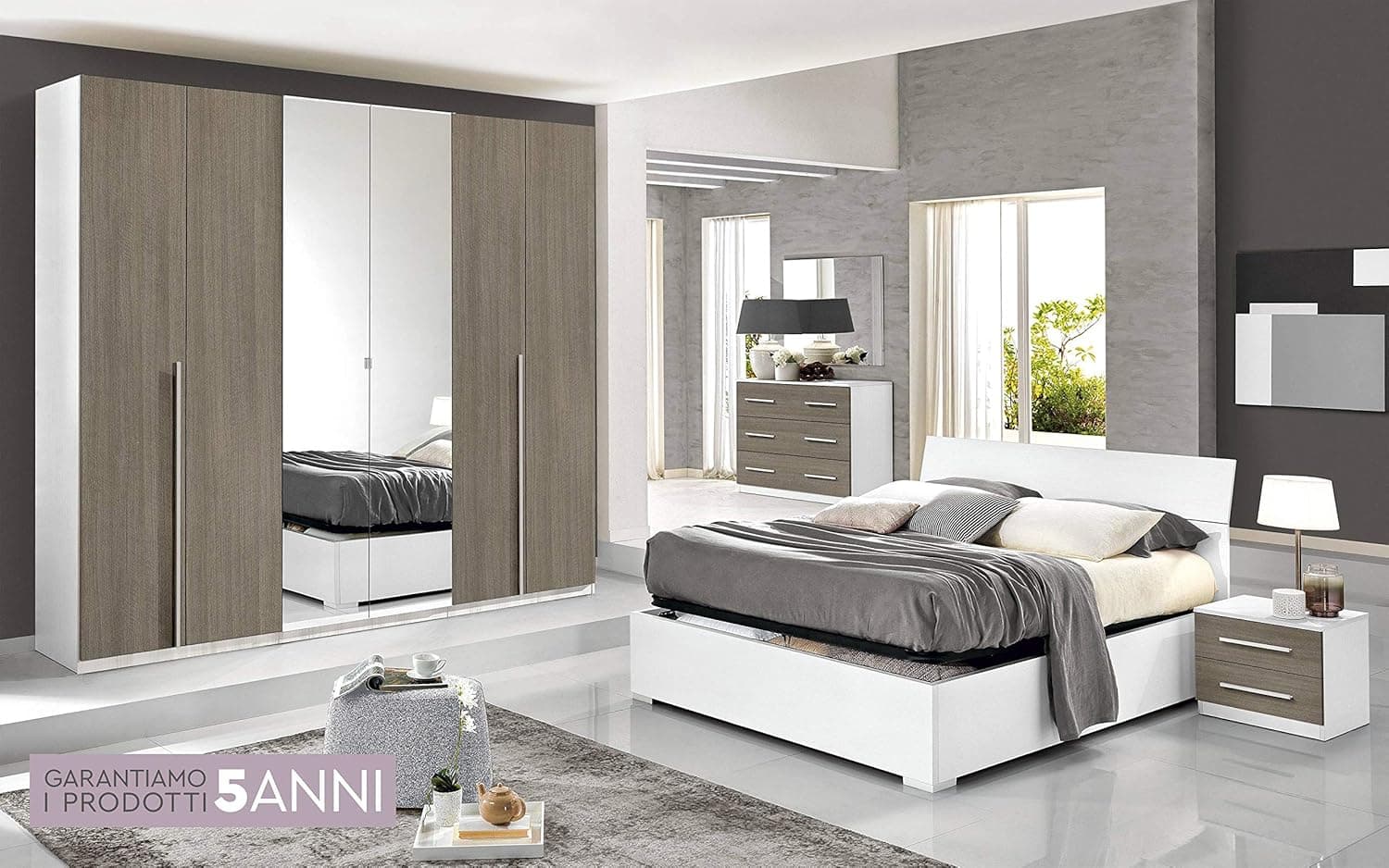 Chambre complète - Effet Blanc mélèze, chêne Gris (cm. 274 x 60 x 250 cm