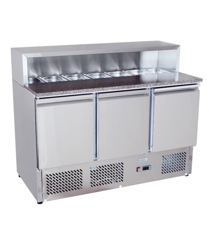 Meuble à pizza réfrigéré 3 portes en marbre toit en verre GN 1/3 - Toit en verre et 7 bacs GN 1/3