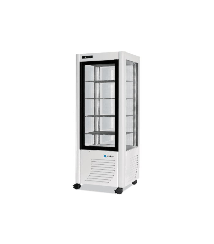 Vitrine à pâtisserie 4 faces vitrées en froid positif avec grilles - Noir