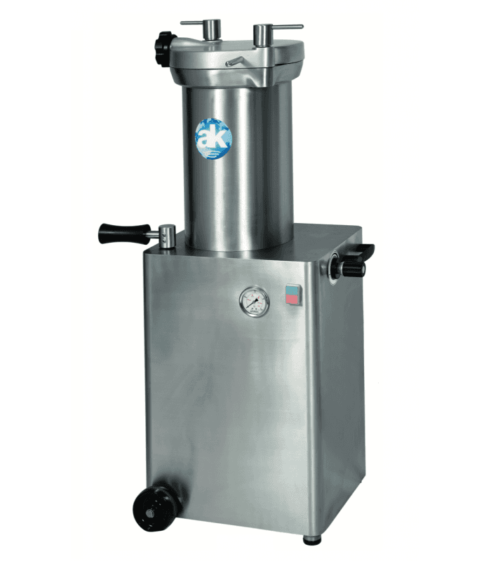 Poussoir hydraulique vertical en inox 20 litres sur roues