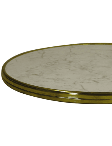 Plateau de table rond Topalit Classic Line blanc marbré cerclage laiton diamètre 60cm