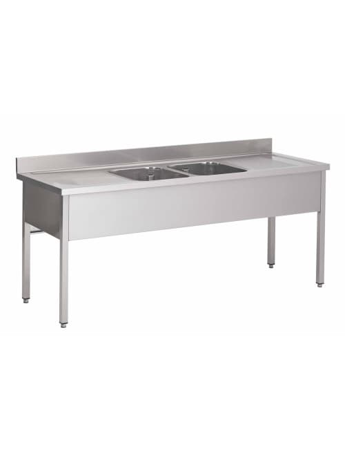 Plonge soudée pieds carrés avec 2 bacs et 2 égouttoirs - 2400 x 700 mm