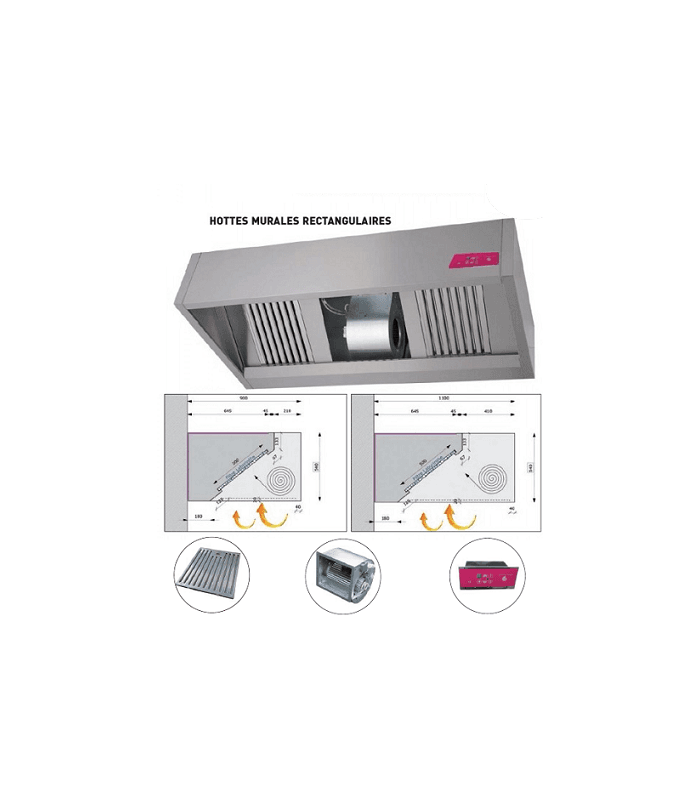 Hotte professionnelle murale rectangulaire prof 1100 avec ventilateur - 1000mm