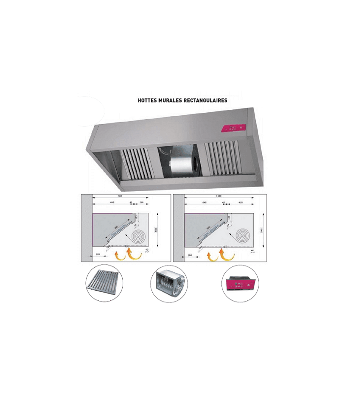 Hotte professionnelle murale rectangulaire avec ventilateur - 2000mm