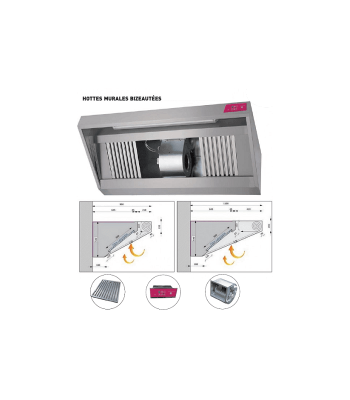 Hotte pro murale bizeautée avec ventilateur - Cuisine professionnelle - 3000 mm