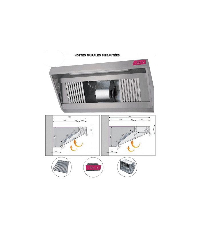 Hotte professionnelle murale bizeautée avec ventilateur - Cuisine pro - 2500mm