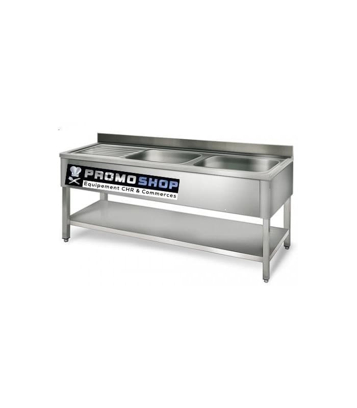 Plonge inox avec 2 éviers et 1 égouttoir - Matériel de laverie professionnel - 1400 mm - 600 mm - Cuves à gauche