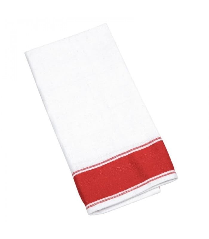 Boîte de 10 serviettes gastro Olympia en coton avec bordure rouge - PROMOSHOP