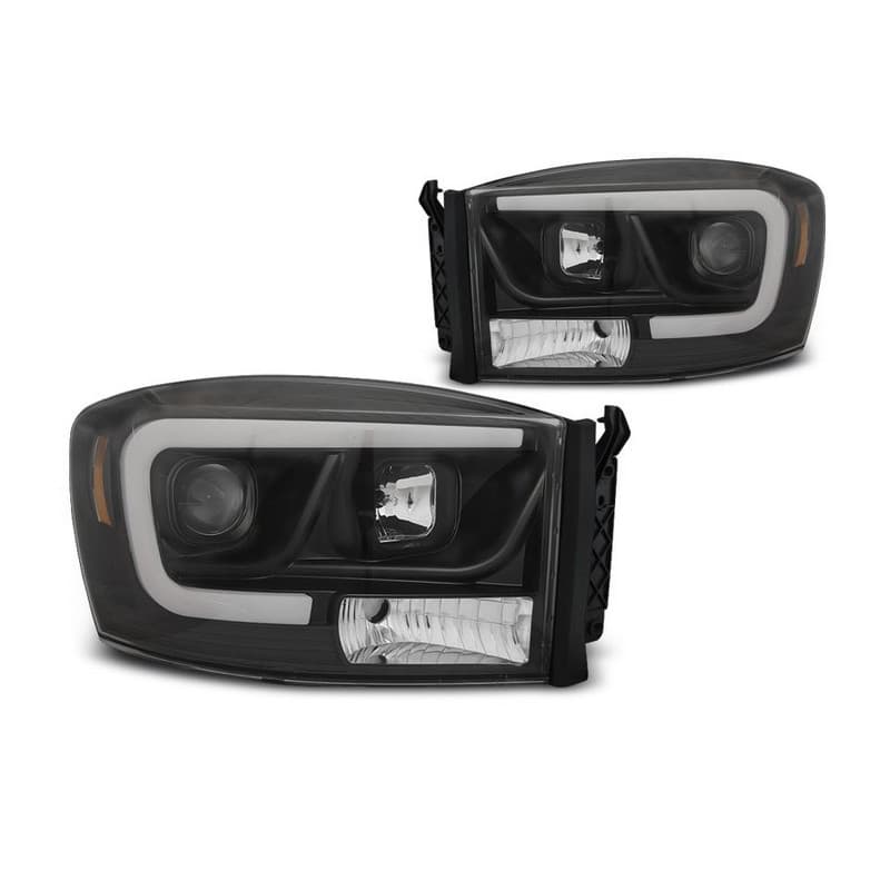 Phares avant Tube Light fond noir pour Dodge Ram 06-08