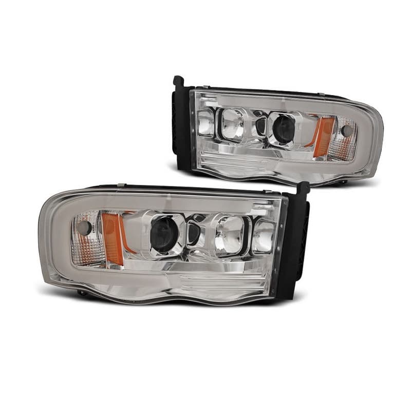 Phares avant Tube Light fond chrome pour Dodge Ram 02-06